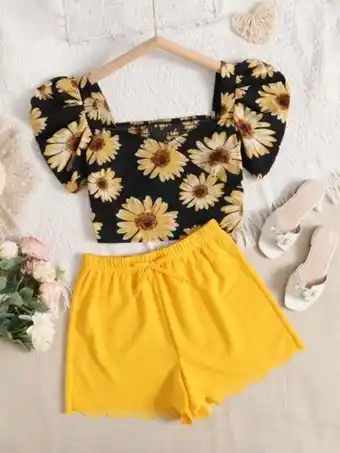 SHEIN Shein chicas adolescentes con estampado floral con fruncido blusa & con nudo shorts oferta