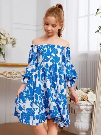 SHEIN Shein niñas vestido con estampado floral de hombros descubiertos fruncido oferta