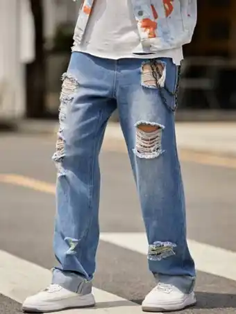 SHEIN Hombres jeans de pierna recta roto con lavado con diseño de cadena oferta