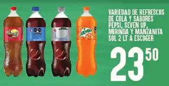 Alsuper Variedad de Refrescos de Cola y Sabores Pepsi, Seven Up, Mirinda y Manzanita Sol 2lt oferta