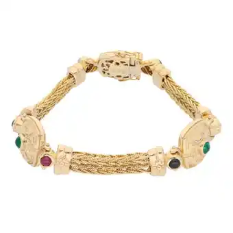 Nacional Monte de Piedad Pulsera hechura italiana con esmeraldas, zafiros y rubíes en oro amarillo 14 kilates. oferta