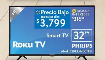 Walmart Smart tv philips 32" roku tv oferta