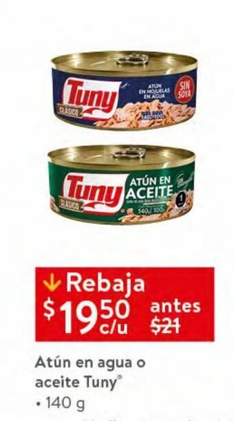 Walmart Atún en agua o aceite tuny 140g oferta