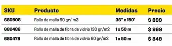 Rollo de malla de fibra de vidrio 60 gr/ m2 con pegamento 36" x 150'