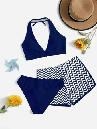 SHEIN Chicas adolescentes bañador bikini halter de cheurón oferta