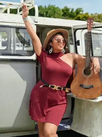 SHEIN Shein vestido de punto de un hombro bajo con abertura sin cinturón oferta