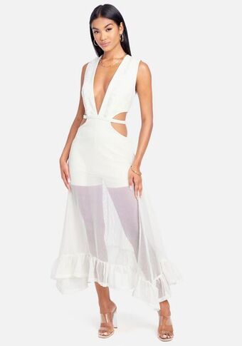 Bebe Fringe mesh plunge maxi gown oferta