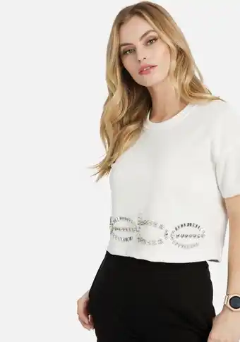 Bebe rhinestone logo french terry crop top