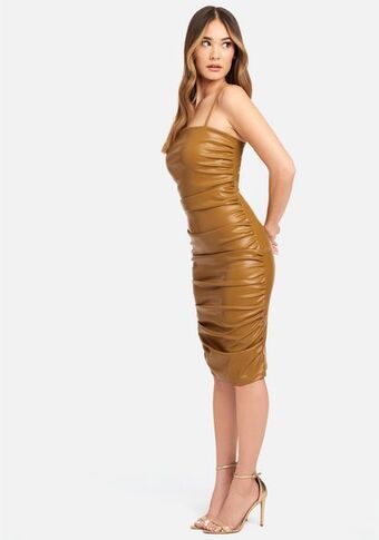 Bebe Ruched midi vegan leather dress oferta