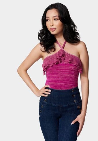 Bebe Halter lurex sweater ruffle top oferta