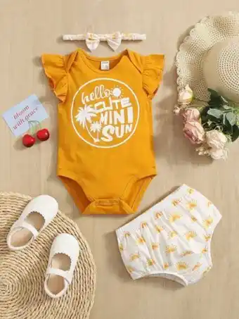 SHEIN Shein bebé body con slogan & con estampado de árbol de manga con volante & shorts oferta