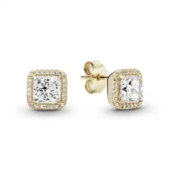 Pandora Aretes de botón oro 14k cuadrados con halo brillante oferta