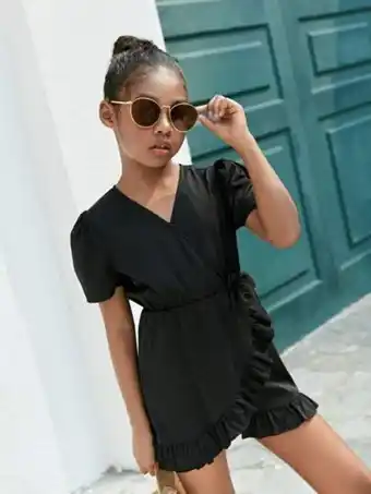 SHEIN Shein niñas mono de manga farol ribete con fruncido cruzado con nudo lateral oferta