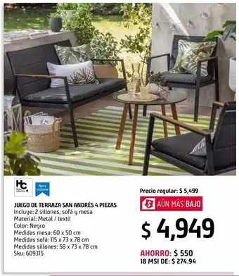 Sodimac Homecenter Juego living terraza san andrés 4 piezas metal negro oferta