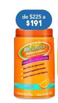 Farmacia San Pablo Metamucil fibra multibeneficios sabor naranja sin azúcar 174 g polvo bote plantago psyllium 56.18 g oferta