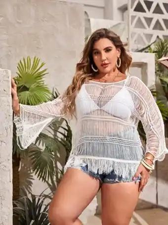 SHEIN Shein cover up puntada de manga murciélago bajo con fleco sin bikini oferta