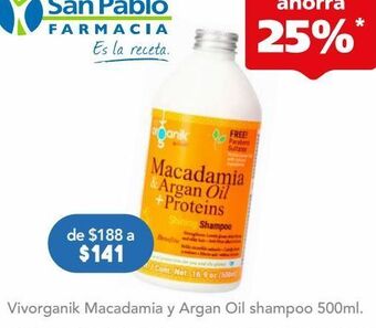 Farmacia San Pablo Vivorganik by vivelle shampoo macadamia y aceite de argan+proteinas de origen natural 500 ml oferta