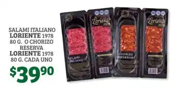 Soriana Híper Salami Italiano Loriente 1978 80g o Chorizo Reserva Loriente 1978 80g cada uno oferta