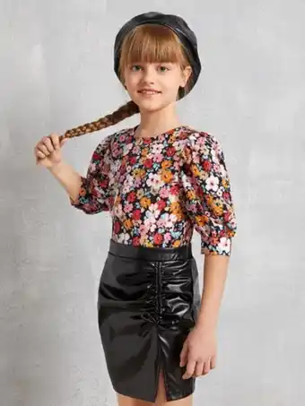 SHEIN Shein niñas top con estampado floral de manga farol & falda fruncido con nudo de charol oferta