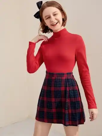 SHEIN Shein chicas adolescentes de cuello alto top & con estampado de cuadros falda oferta