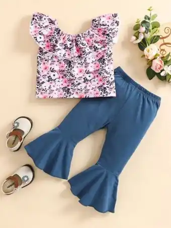 SHEIN Bebé con estampado floral ribete con fruncido top & pantalones acampanados oferta