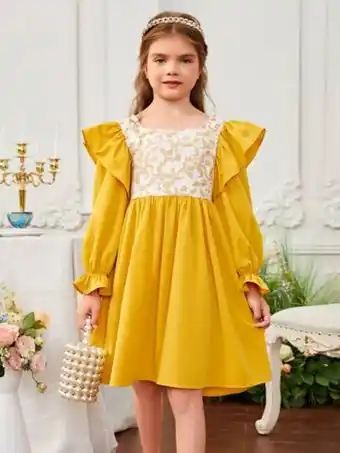 SHEIN Shein niñas vestido con estampado floral de manga con volante fruncido oferta