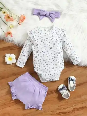 SHEIN Shein bebé ribete con fruncido floral body con set shorts con diadema oferta