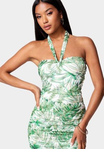 Bebe Printed mesh ruched knit top oferta
