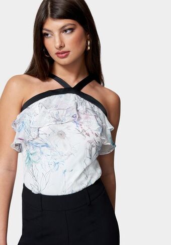Bebe Contrast halter printed ruffle woven top oferta