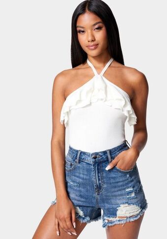 Bebe Halter lurex sweater ruffle top oferta