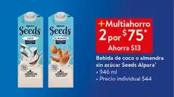 Walmart Bebida de coco o almendra sin azúcar seeds alpura 946ml oferta