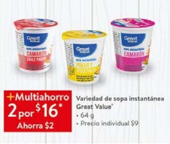 Walmart Variedad de sopa instantánea great value 64g oferta