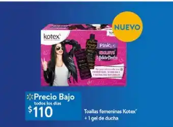 Walmart Toallas femeninas kotex + 1 gel de ducha oferta