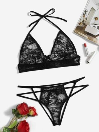 SHEIN Set de lencería con encaje floral con abertura oferta
