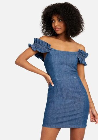 Off shoulder ruffle detail denim dress