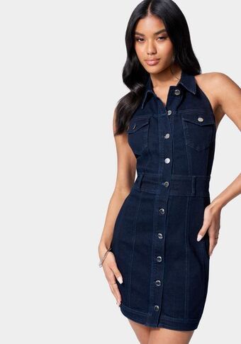 Bebe Halter neck button up denim dress oferta