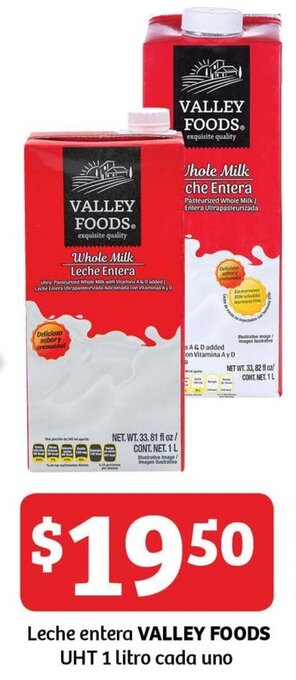 Soriana Mercado Leche Entera Valley Foods UHT 1L oferta