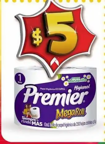 Bodega Aurrerá Papel higiénico premier mega roll aroma manzanilla 350 hojas dobles oferta