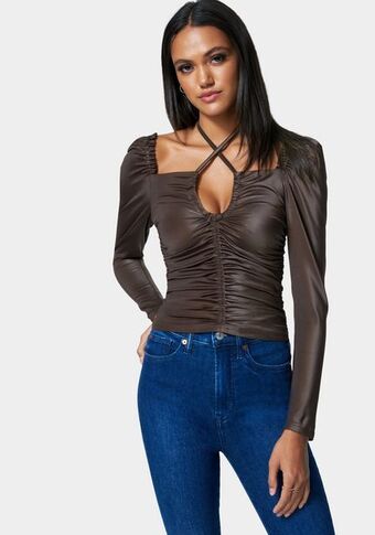 Bebe Puff sleeve coated ruched top oferta