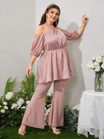 SHEIN Shein de hombros descubiertos top peplum & pantalones acampanados sin cinturón oferta