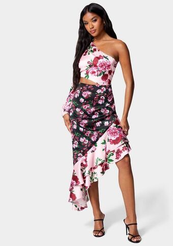 Bebe Printed one shoulder asymmetrical ruffle dress oferta