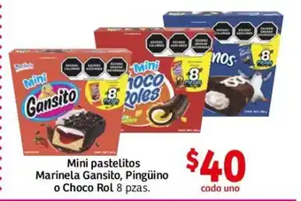 Soriana Híper Marinela Mini pastelitos Gansito, Pinguino o Choco Rol 8 pzas oferta
