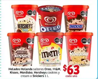 Soriana Híper Helados Holanda sabores Oreo, M&M, Kisses, Mordisko, Hersheys cookies y cream o Snickers 1 L oferta