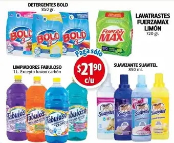 Farmacias Guadalajara Detergente Bold 850g , Lavatrastes Fuerzamax Limón 720g , Limpiadores Fabuloso 1L, Suavizante Suavitel 850ml oferta