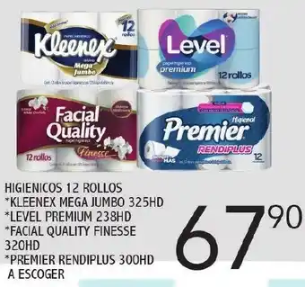 Alsuper Higienico 12 Rollos Kleenex Mega Jumbo 325HD, Level Premium 238HD, Facial Quality Finesse 320HD, Premier Rendiplus 300HD oferta