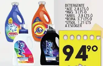 Alsuper Detergente Ace 2,8L Ó Mas 3L Ó Ariel 2,8L Ó Roma 3,7L Ó Lysol 1,21L a Escoger oferta