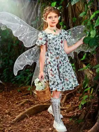 SHEIN Shein niñas vestido con estampado de mariposa de manga farol fruncido bajo con fruncido sin ala oferta