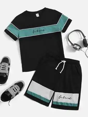 SHEIN Shein niños con estampado de letra y rayas camiseta & shorts deportivos conjunto oferta