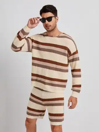 SHEIN Shein hombres con patrón de rayas combinadas de hombros caídos jersey & shorts tejidos oferta