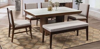 Muebles Dico Comedor rectangular leiden blanco con 4 sillas y 1 banca beige oferta